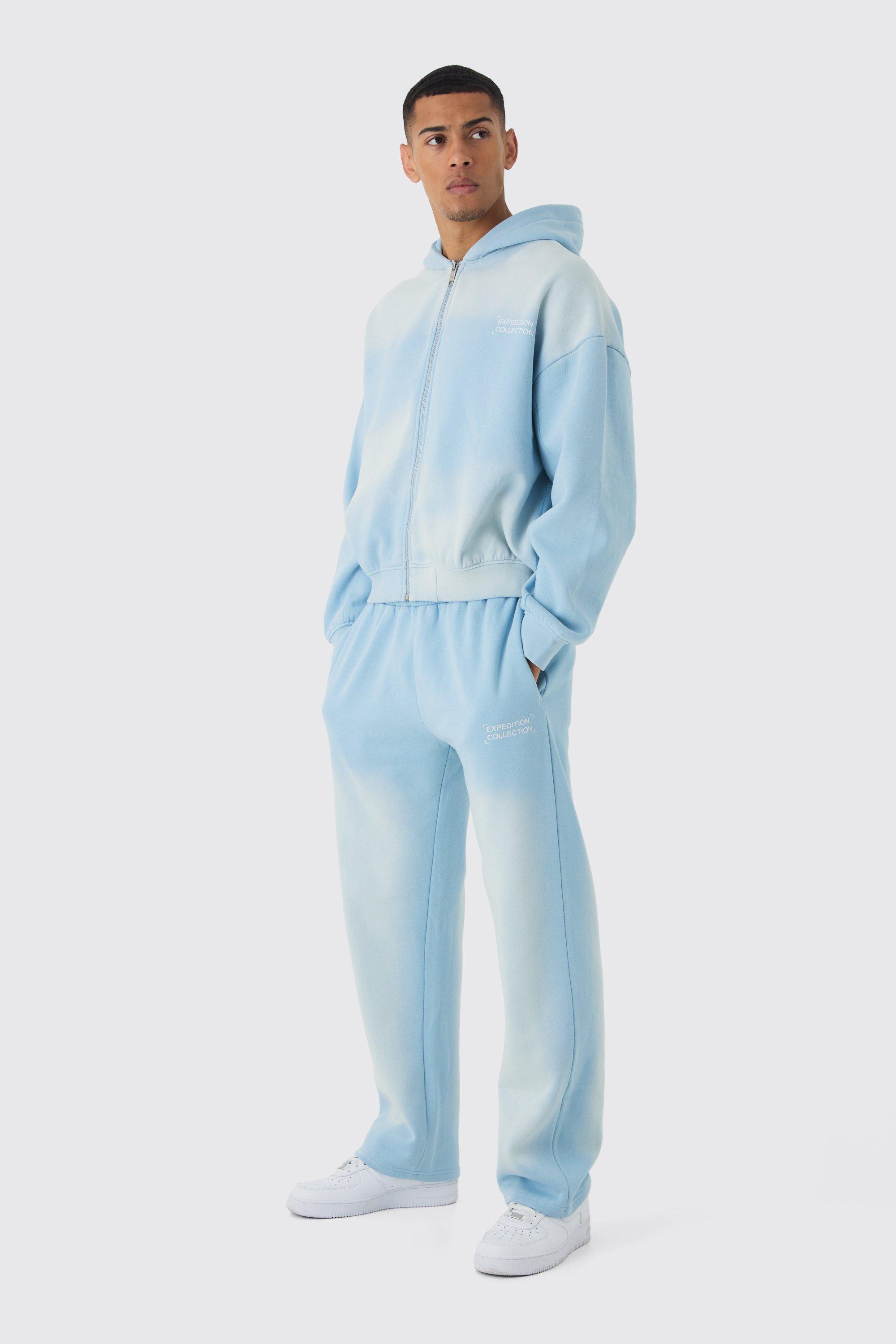 Mens Blue Oversized Boxy Spray Wash Tracksuit, Blue